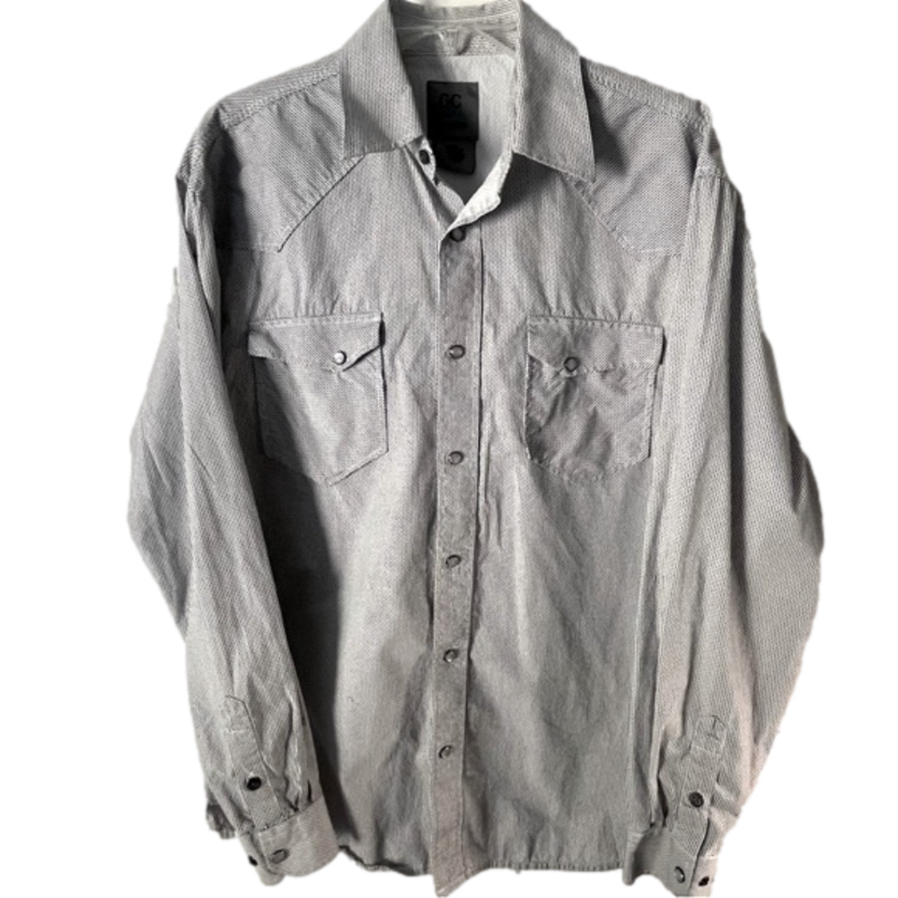 GC Blue Men's Large Shirt Vintage Cotton White Peral Snap Buttons Western Long
